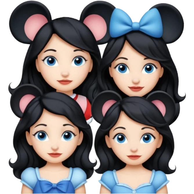 escribe el nombre Disneyland Paris y para titulo, pon a quatro chicas: una pelo corto negro, una pelo rizado largo, una pelo largo liso y la otra pelo ondulado mediano, esta con el ojos azules. Todas tienen piel carne emoji