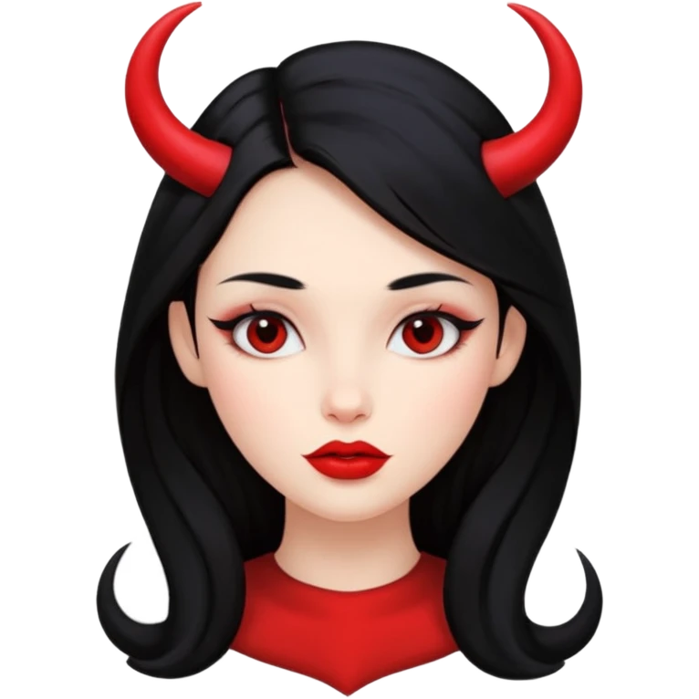 A girl's face with cheekbones, red skin, long black hair, small red horns, big lips emoji