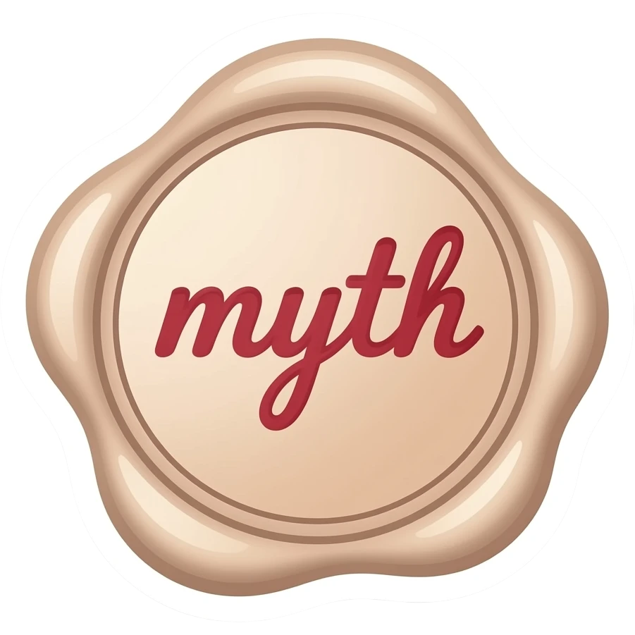 minimalistic line art sticker of wax seal with the word ‘myth’ in red, elegant thin strokes, pastel tones, clean vector design, no background, modern aesthetic, 8k emoji