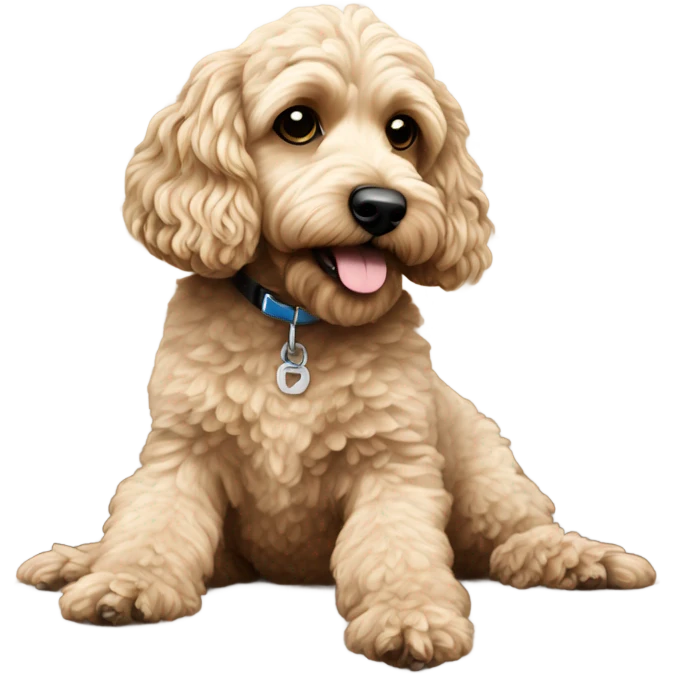 Sandy color cockerpoo sat on a black sofa  emoji