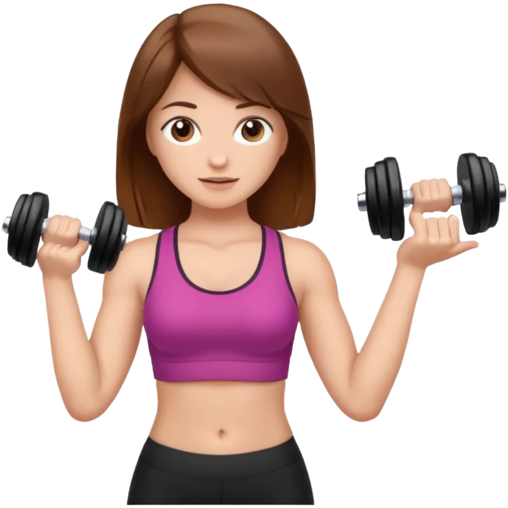 Brown haired girl stands back and holds dumbbells  emoji