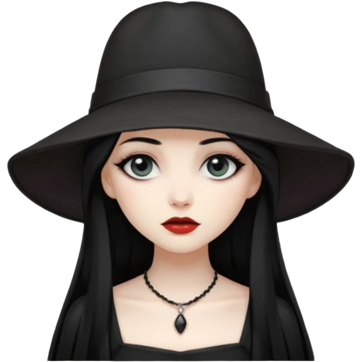 Female Goth with Wide-Brim Hat
 Long straight black hair, white skin, black dress, wide hat casting shadow over eyes. emoji