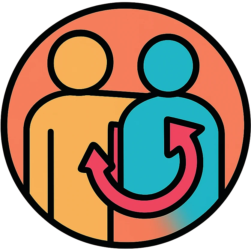 mentorship and retention icon, circular design with two interlocking figures, conveying partnership and long-term connection, modern, approachable emoji