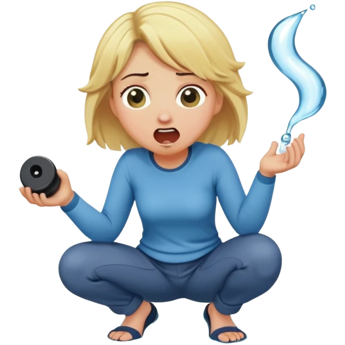 round-faced blond woman kneeling, shocked, playful cartoon stick with D-shaped knob and exaggerated features coming from trousers in front of her face, water jet into her mouth emoji