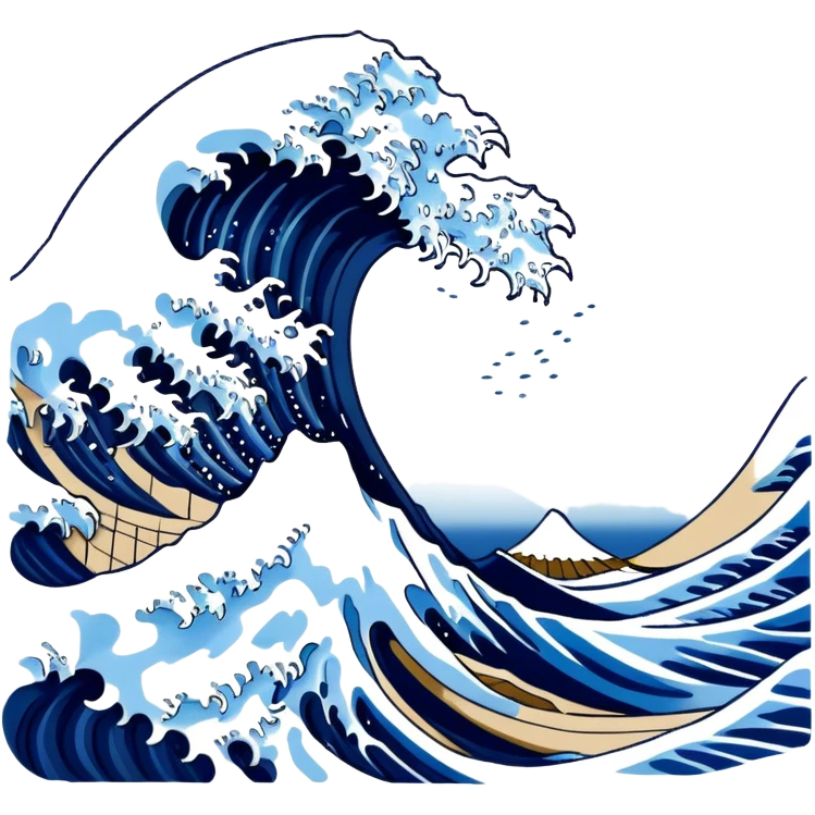 Cinematic Realistic Great Wave off Kanagawa, depicted as a colossal, crashing wave with dynamic blue hues and frothy white crests, rendered with intricate textures and fluid motion that captures both the timeless power and poetic beauty of the iconic Japanese artwork emoji
