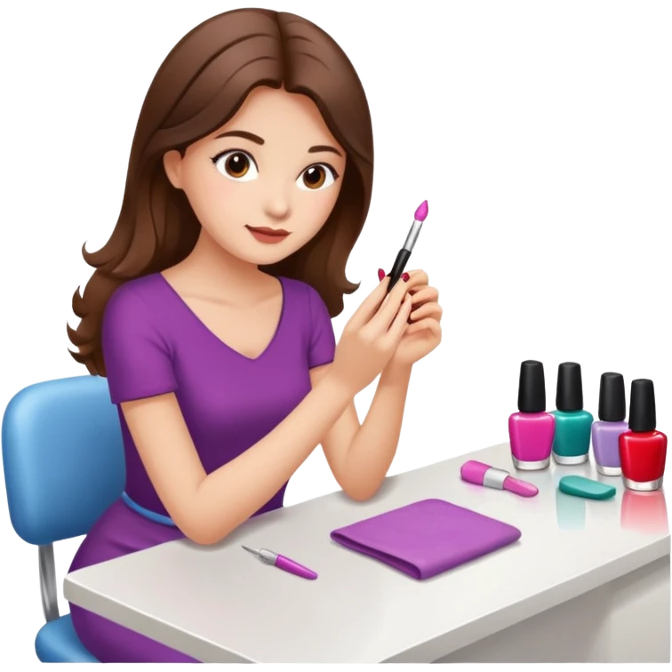A realistic illustration of a girl with medium-length thick brown hair sitting at a manicure table.
 emoji