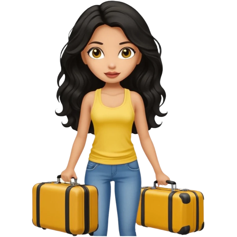 a pretty bratz dusky girl with long wavy black hair in a yellow tank top with a black suitcase at an airport emoji