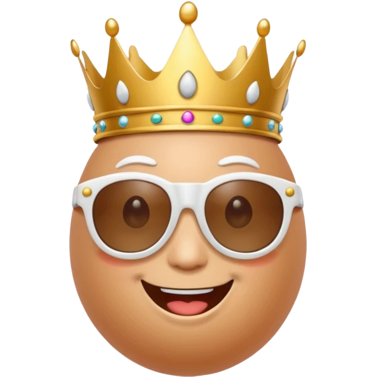 a funny, proud cartoon-style egg character wearing sunglasses and a small crown, solid orange background. emoji