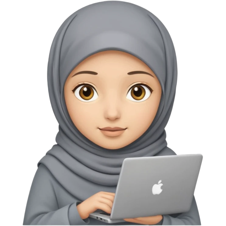 A girl wearing a gray hijab and with hazel eyes is carrying a laptop, not a laptop, just a regular laptop. Not mat bock  emoji