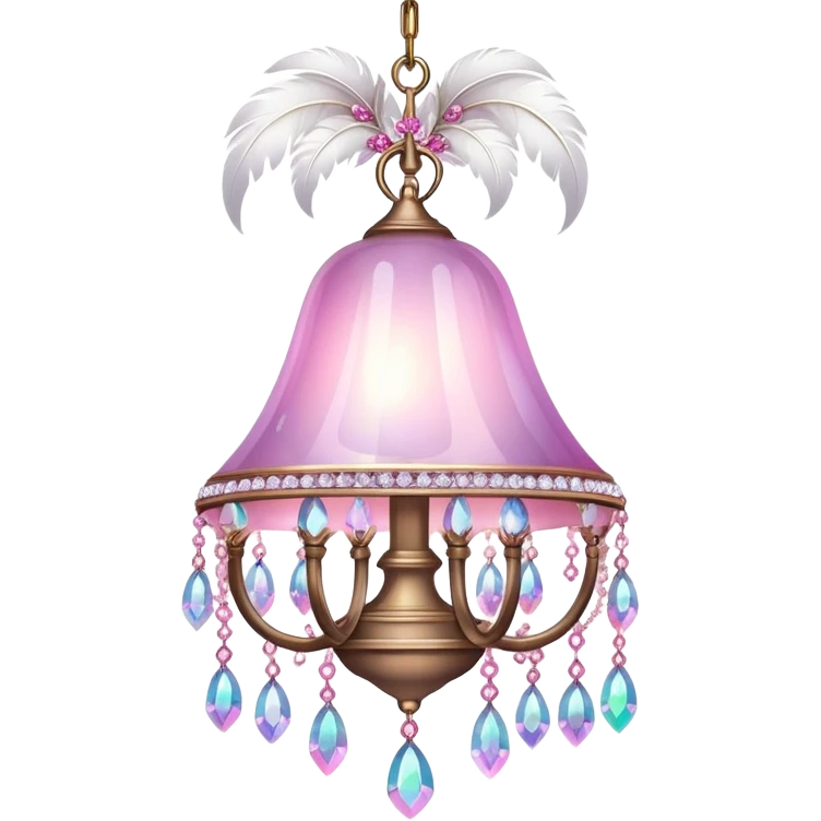 PInk iridescent Bell with chained hanging crystals LAMP with feathers CHANDELIER emoji