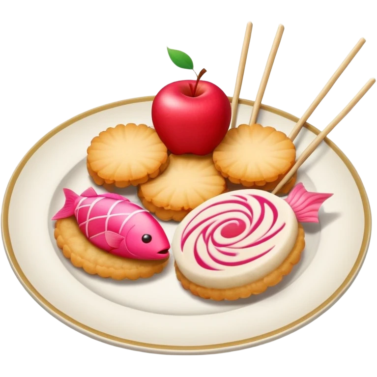A combination of red apple, fish cake with pink swirl (narutomaki), rice cracker (senbei), and dango on a stick arranged together as a food plate emoji