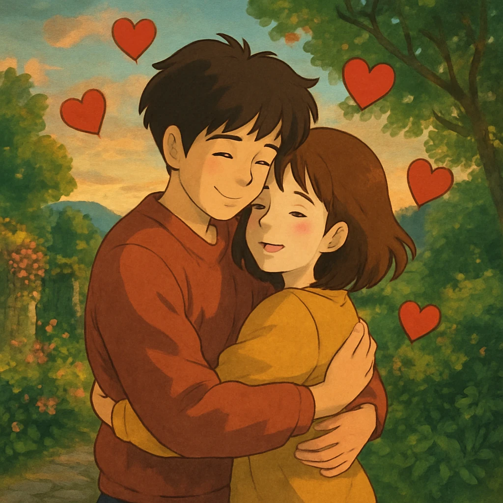 couple embracing with hearts floating around romantic scene with detailed background in ghibli style emoji