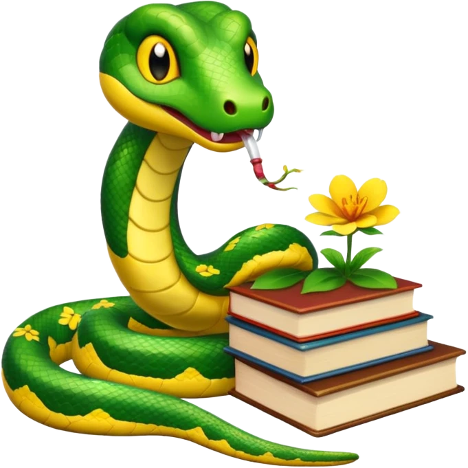 Snake reading books + flower emoji