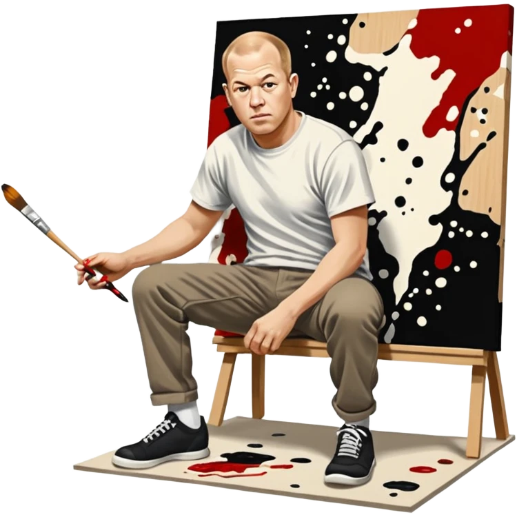 Jackson pollock the abstract artist flicking black white and red paint from a brush onto a canvas at his feet emoji