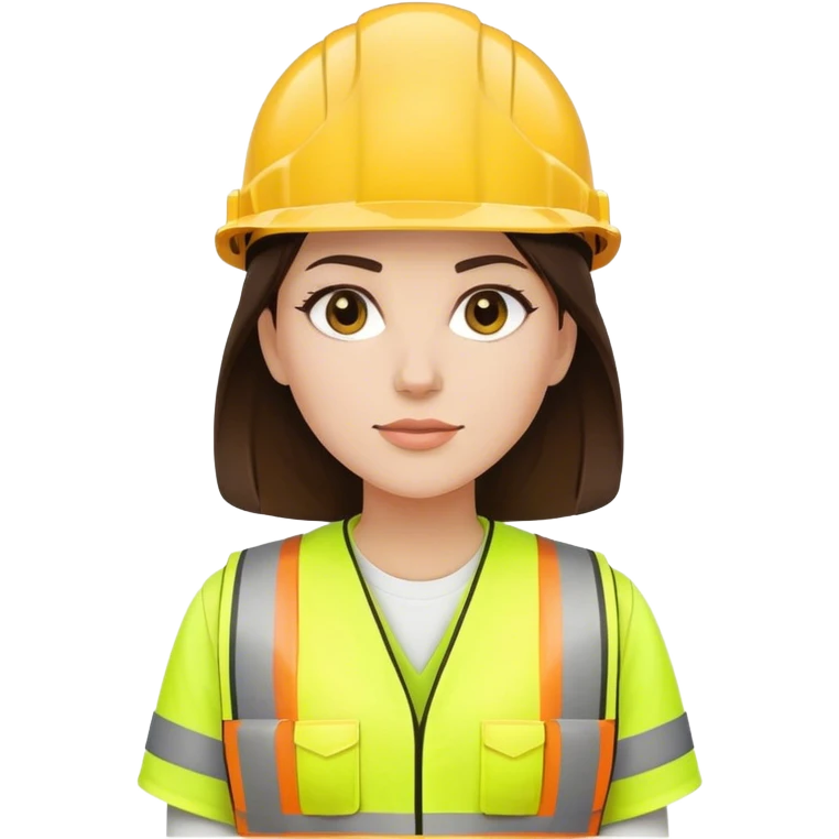 Mujer con casco obra conpletamente blanco pelo lacio castaño oscuro piel blanca chaleco de obra amarillo fosforito y camisa blanca emoji