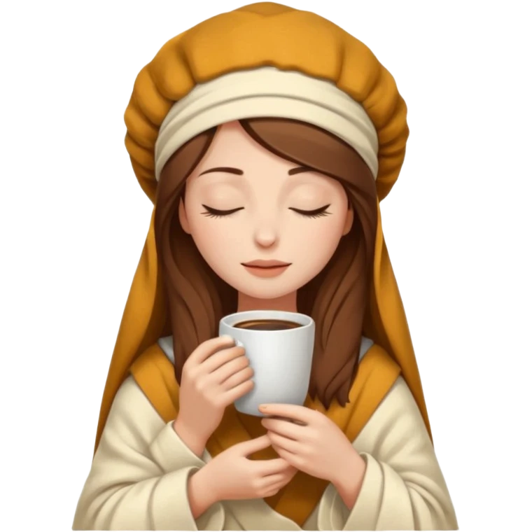 brown hair woman closed eyes with cream blanket on her head, holding cup of coffee, autumn mood emoji