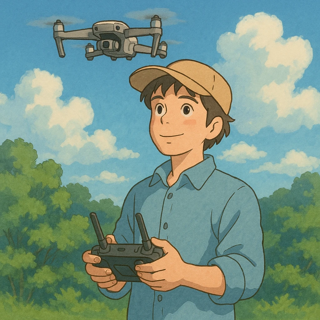 ghibli style drone pilot outdoors holding a controller emoji