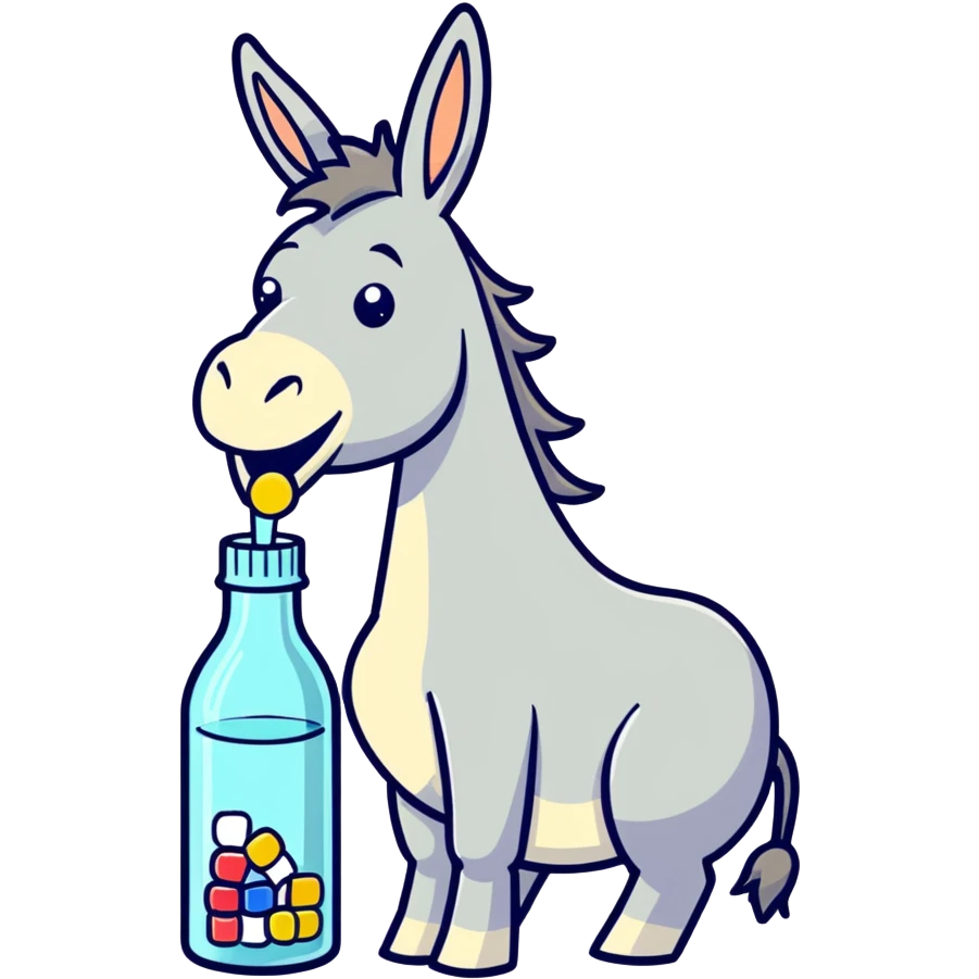 Donkey eating pills and drinking a bottle of alcohol  emoji