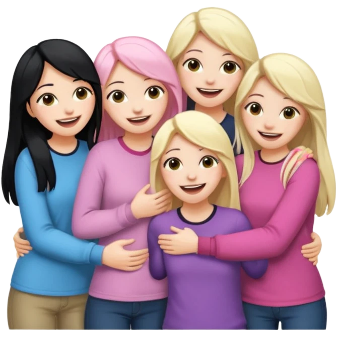 Girlfriend emoji - 5 white girlfriends, two with long dark black hair, one with medium blonde hair, one with long pale pink hair, one with short light blonde hair.  They should be laughing and hugging  emoji