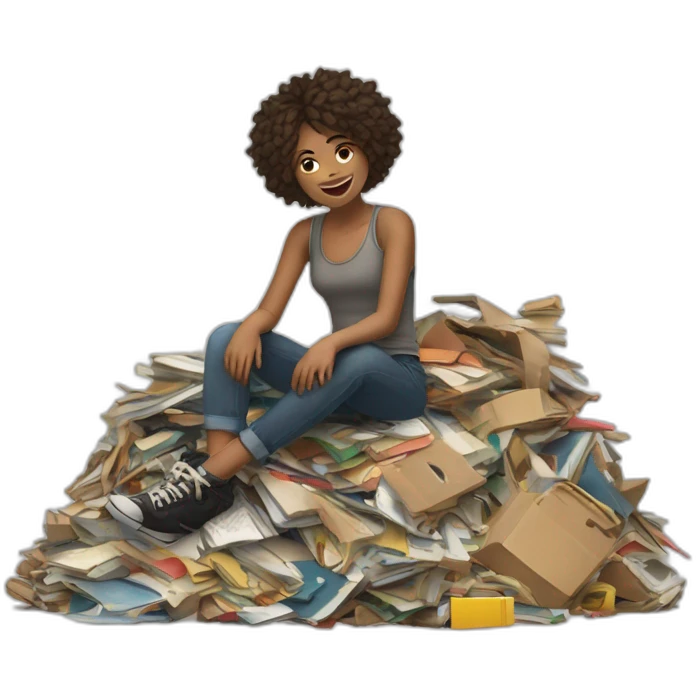 girl sitting on top of a "junk pile" but the junk pile is actually desirable items like books, clothing, tickets, things representative of art and culture... emoji