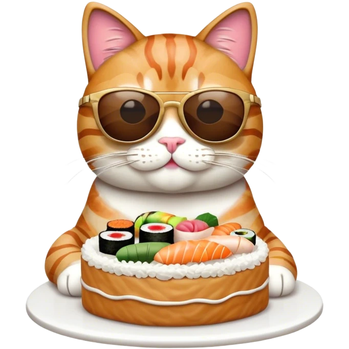 cool cat wearing sunglasses eating a birthday cake made out of sushi emoji