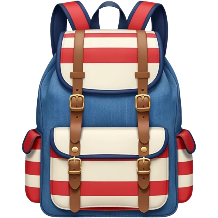  blue denim backpack with red, white, and navy stripes, similar to a Tommy Jeans design. Minimalistic, cartoon-like, front-facing."
 emoji