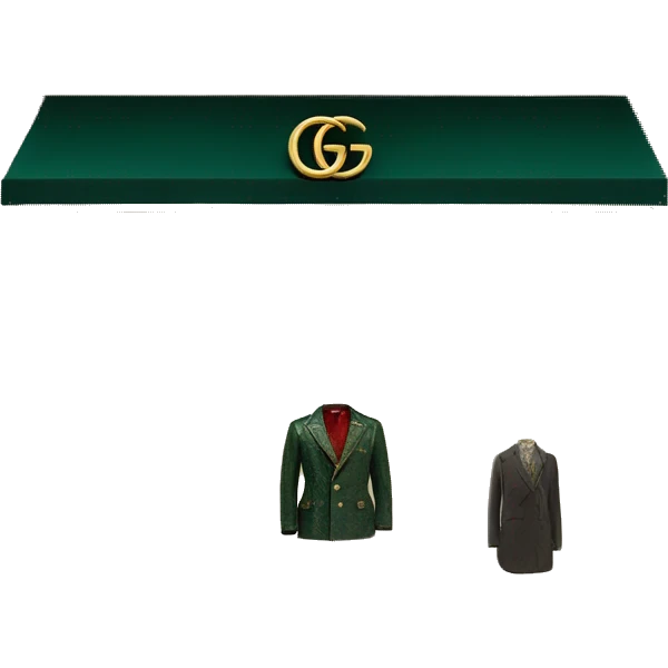 “Gucci store exterior with gold logo above entrance, large glass windows displaying luxury fashion, and elegant double doors.” emoji