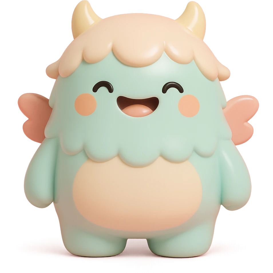 adorable monster with fluffy fur, tiny wings, happy expression, soft color palette emoji