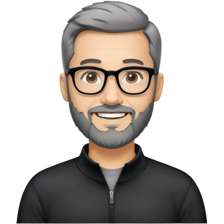 Light-skinned man with short black hair styled upwards, full short graying beard, smiling, wearing large black-framed glasses and a black long-sleeve sports shirt with zip at the neck emoji