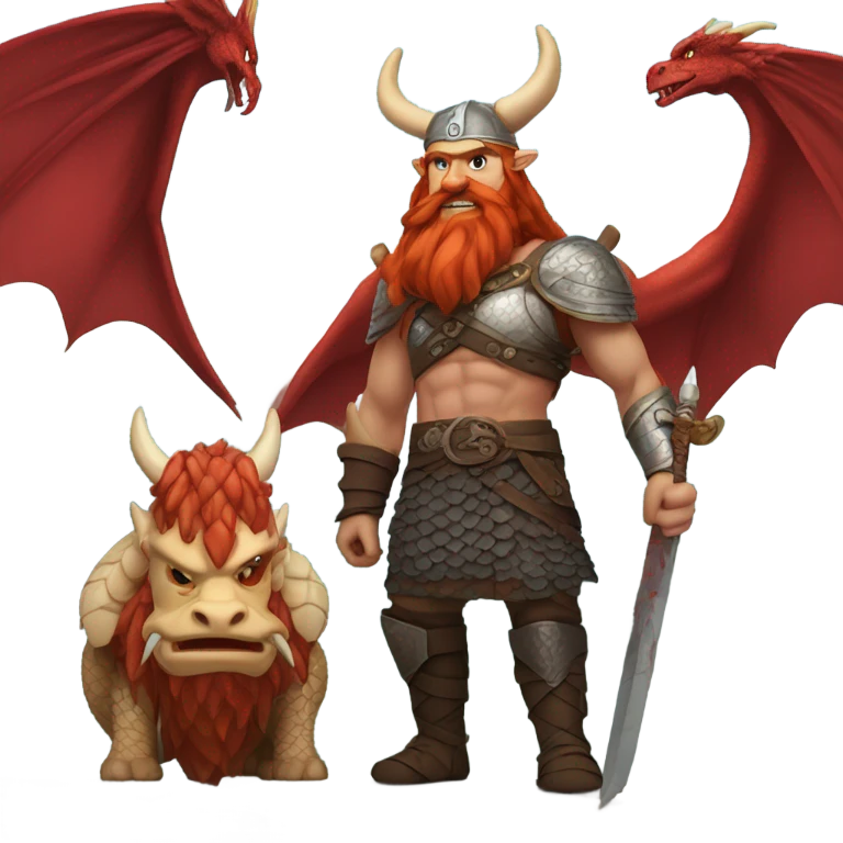 Viking red head dragon queen with a slain Viking solder with a man bun standing on a dragon flying over a volcano in a beautiful sky emoji