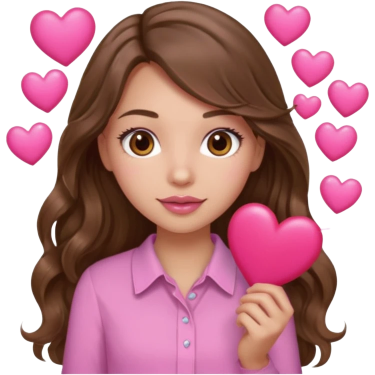 girl with long wavy brown hair, brown eyes, light to medium complexion, in a pink shirt, pink lips, long lashes, many  hearts in hand emoji