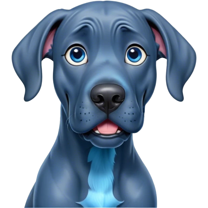 Cinematic Comical Blue Great Dane Portrait Emoji, Head tilted dramatically with an exaggeratedly amused expression, featuring a striking blue Fur with a glossy finish, wide, expressive steel-blue eyes filled with playful disbelief, Simplified yet hilariously expressive features, highly detailed, glowing with a slightly sassy glow, high shine, dramatic yet playful, stylized with an air of cheeky charm, bright and endearing, soft glowing outline, capturing the essence of a spirited and over-the-top guardian, so meme-worthy it feels like it could side-eye its way into internet fame instantly! emoji