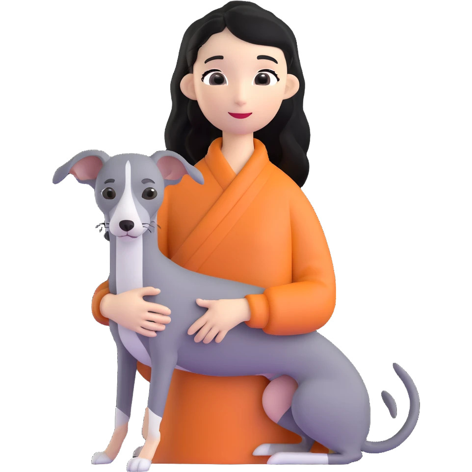 Slim Chinese girl with long black hair holding all grey Italian greyhound emoji