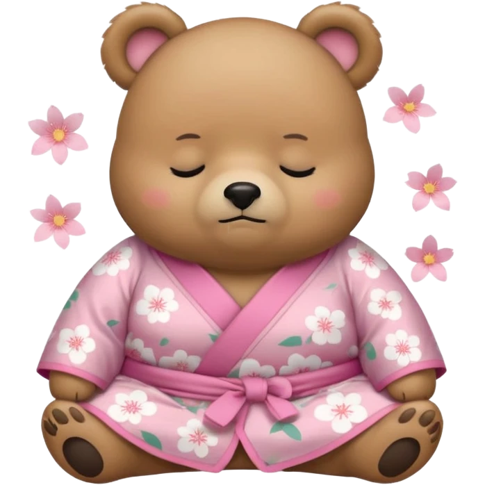 A cute chubby light-brown bear wearing a pastel pink sakura-patterned kimono, tiny body and round head, adorable simple face, sleepy half-closed eyes, small blush on cheeks, sitting while dozing off, tiny “zzz” floating above the head emoji
