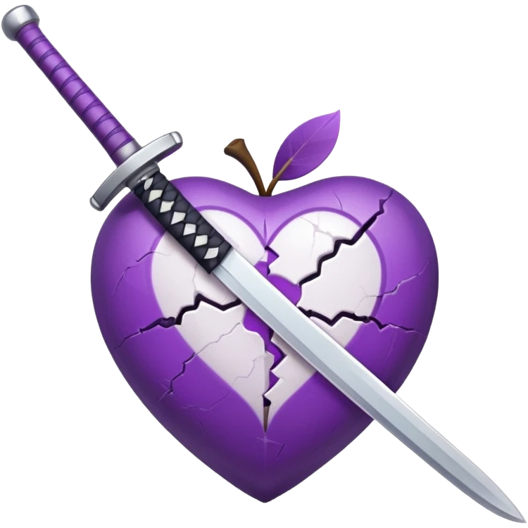 purple and white heart with a katana sword piercing through the center, Apple style emoji emoji