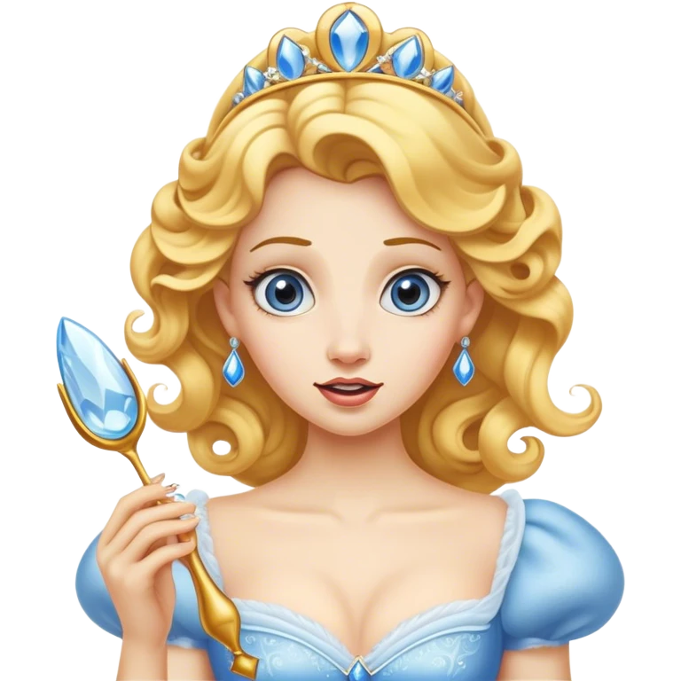 Cinematic Funny Cinderella Portrait Emoji, Stunned expression as she holds a glass slipper much too big, one eyebrow raised, golden curls slightly messy, a mix of royal grace and unexpected humor, capturing a lighthearted twist on her fairy tale moment! emoji