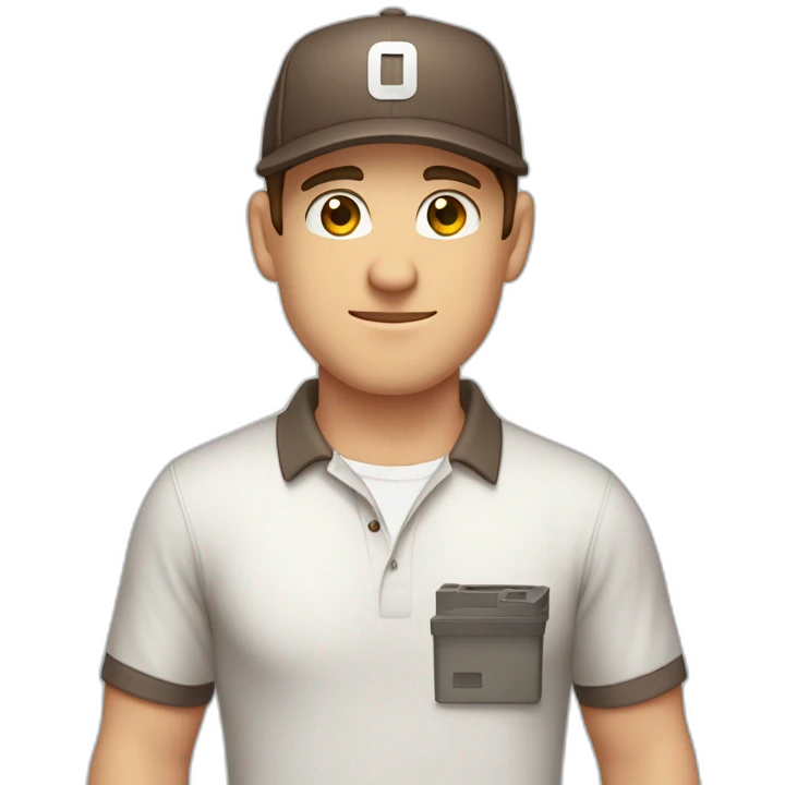 Pale skinned fit Man with dark brown hair in a light gray cap, dark brown jeans, brown polo and white T-shirt keeping a pasted with tape white box into his hands emoji
