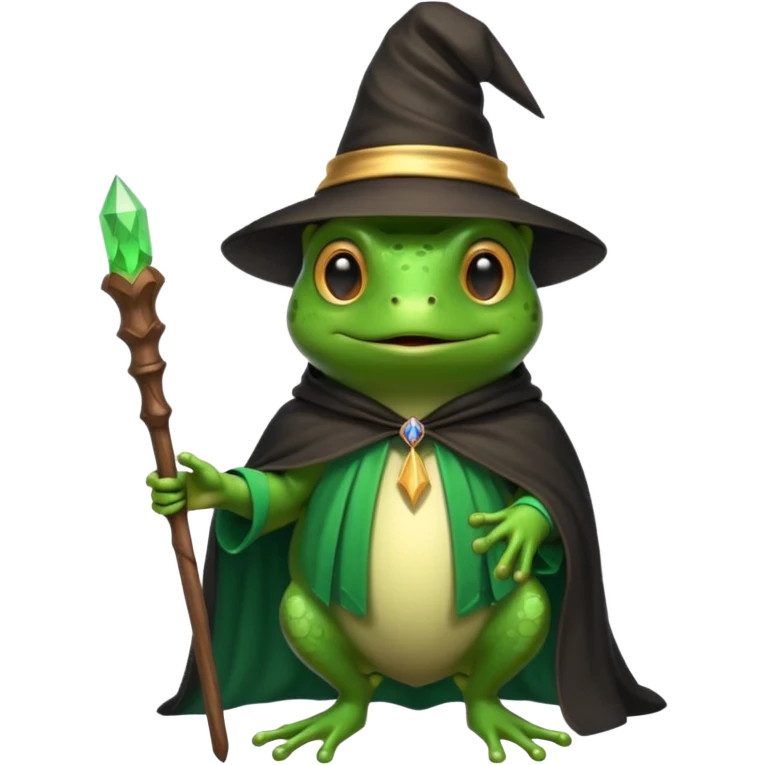 Frog with a wizard hat and cloak with a swazzy wooden wand emoji