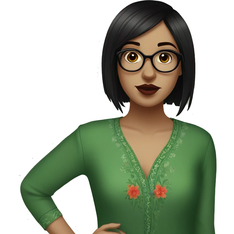 White girl in a green kurta with flower design, glasses, alot of piercing, gay, red lips, nose ring, full body, short straight black edgar hair, black straight hair, front bangs emoji