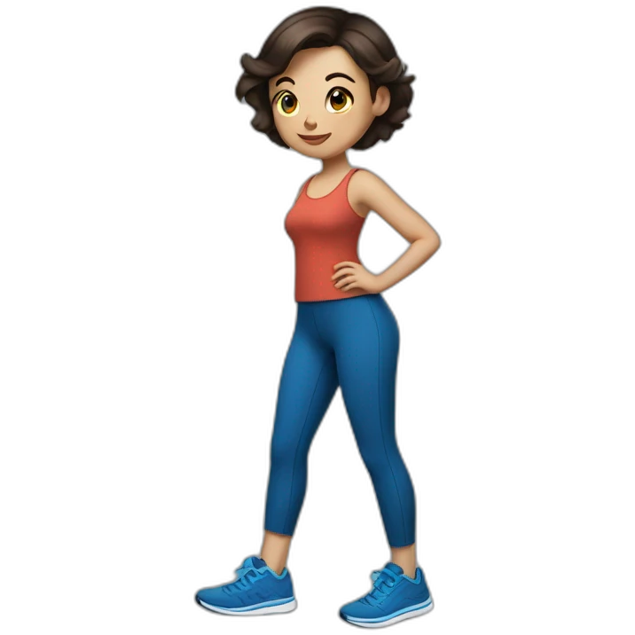 Short brunette, leggings, blue walking shoes, tattoo emoji