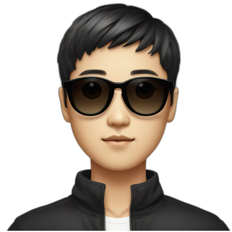 handsome korean boy with black Center Parting Bowl Cut hair wearing cool solid black sunglasses emoji