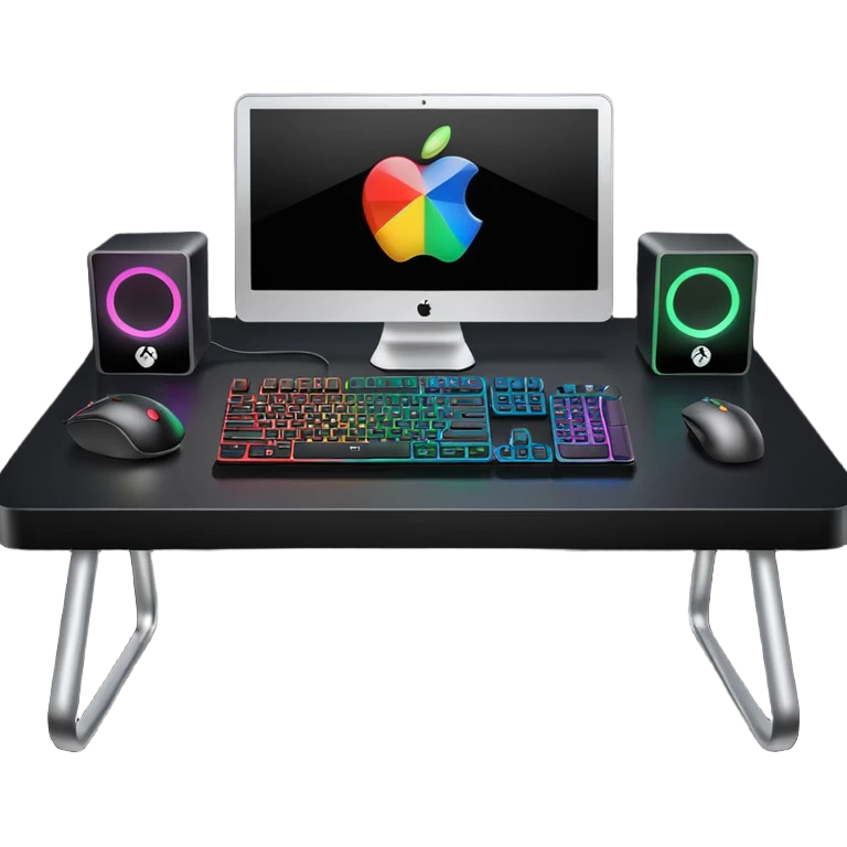 rgb gaming computer on black desk with a black keyboard and mouse emoji