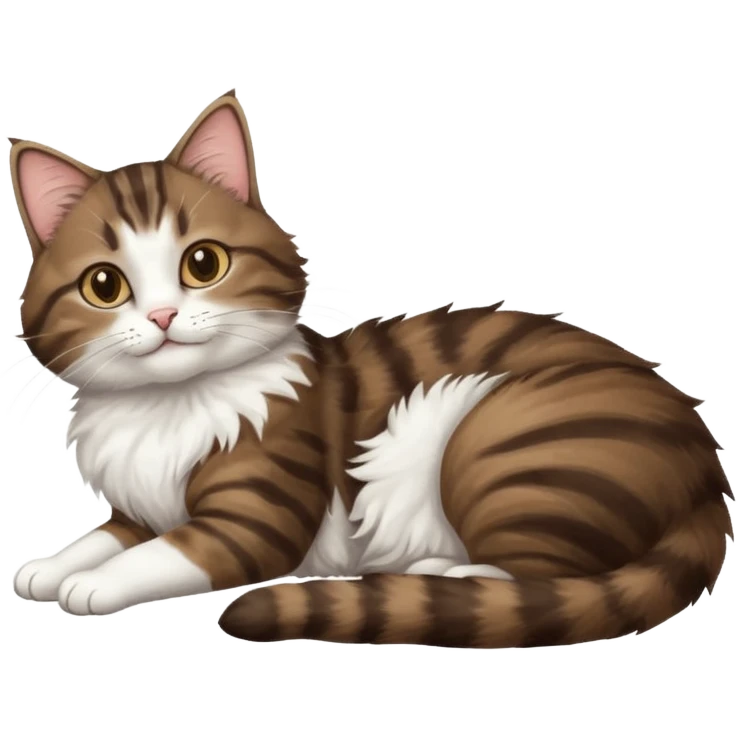 dark brown tabby and white cat with doing a big extremely long stretch reaching up into the air with arms and legs side by side together straight and overextended whilst lying on its side emoji