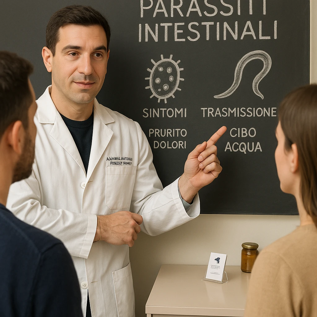 Update the doctor's face to closely resemble the person in the reference photo. Change the diagram or chalkboard text behind the doctor to Italian, keeping the scene educational and respectful about intimate parasites. Maintain a realistic medical setting with a man and a woman listening. The style should remain realistic and medical. emoji
