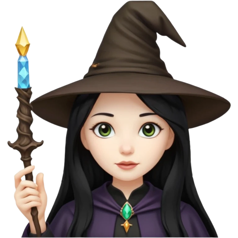 a girl with black long hair, witch hat and a magic wand in her hand emoji