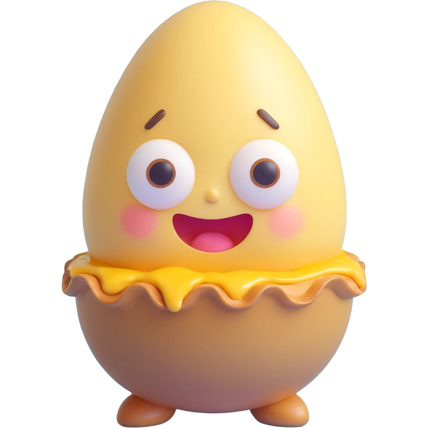 3D kawaii egg tart character with golden shell, jiggly custard face, large watery eyes, expressive mouth, pastel colors, chubby cheeks, exaggerated emotion, soft lighting, glossy finish emoji
