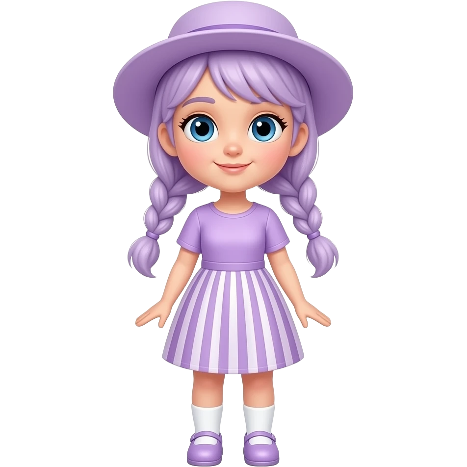 A white/fair skinned girl with pale purple hair tied in two braids, and blue eyes and wearing a pale purple dress with a pale purple and white striped skirt), a pale purple sun hat, white socks and pale purple shoes. emoji