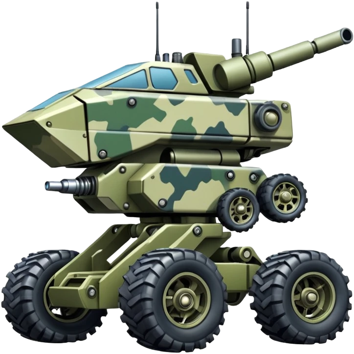 a 4-wheel camouflage army massive mech trail vehicle shooting forward side-hill leaning actively suspended pod enemy mech off-road racing rover with large fast engine  emoji