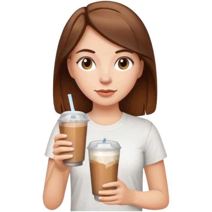 A white girl with brown hair and wearing a white tee holding an ice coffe emoji