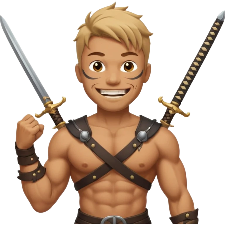 Haz que tenga una sonrisa epica una cicatriz en el ojo serrado y una espada entre los dientes y dos más a cada lado. emoji